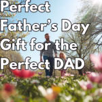 A father and daughter walking viewed through flowers