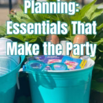 A bucket of towels and two other buckets with pool party supplies