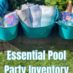 A bucket of towels and two other buckets with pool party supplies