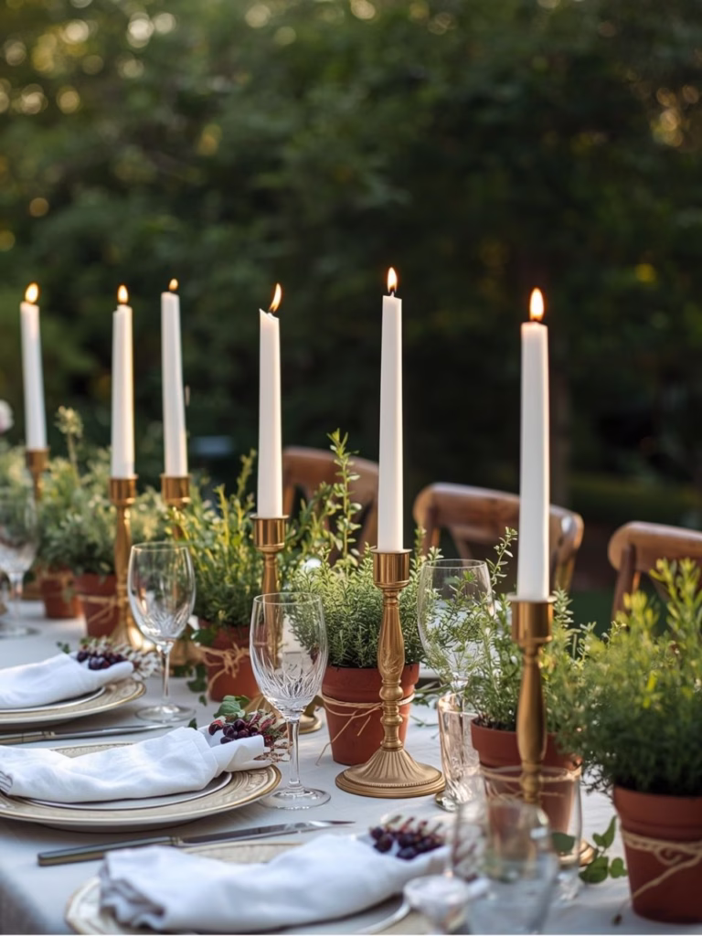 Outdoor dinner seating with candles and herb plants down the middle