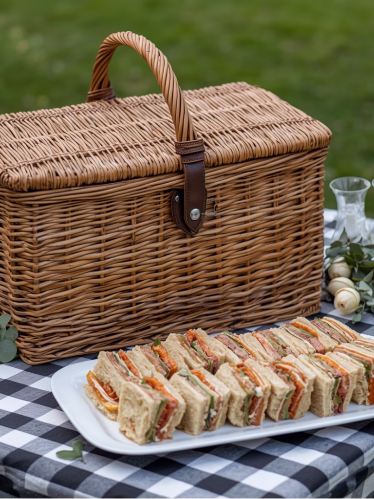 A picnic basket with sandwiches in the front of it on a platter