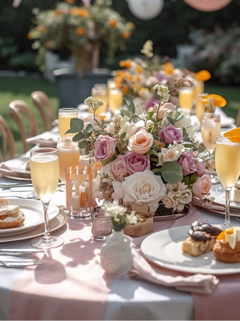 Flowers and Prosecco set on an outdoor table in May