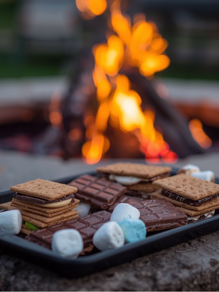 s'mores tray filled with chocolate, graham crackers, and marshmallow