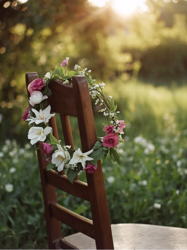may day flower crown sitting on the corner of a wooden chair