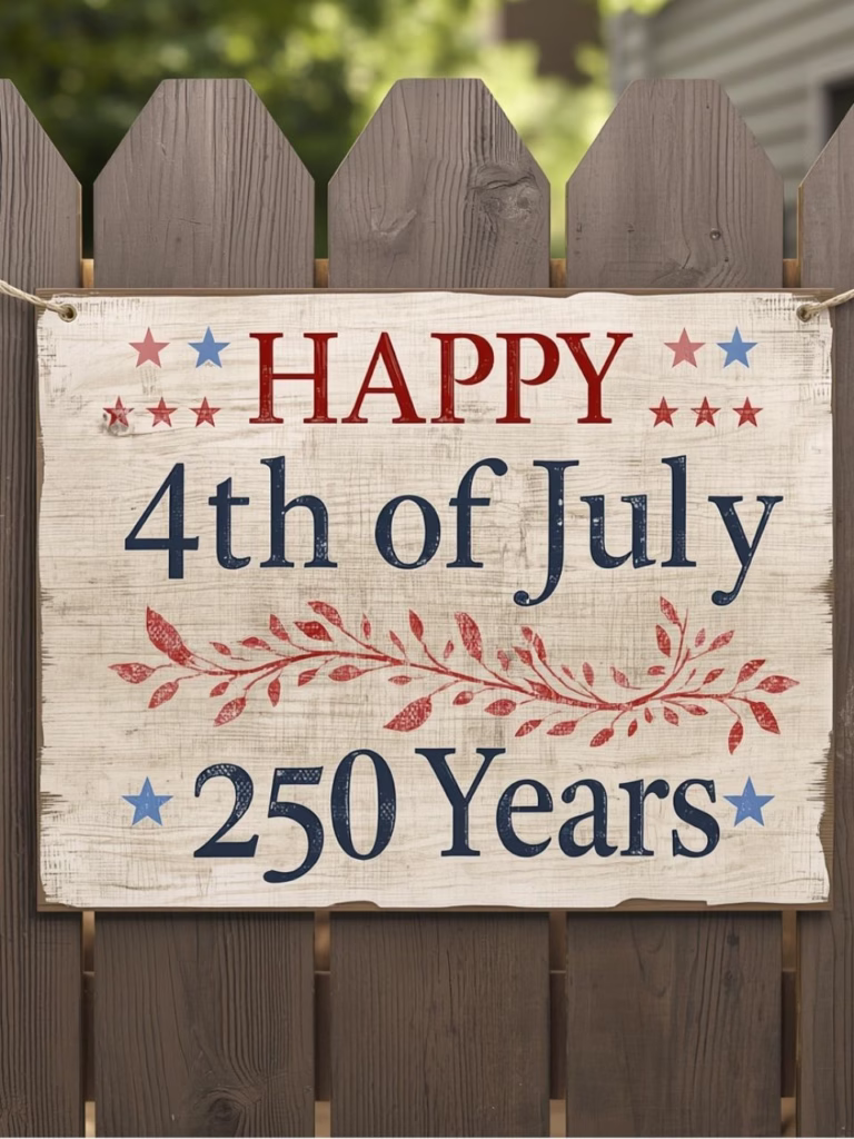 A Happy 4th of July 250 Years sign on a fence
