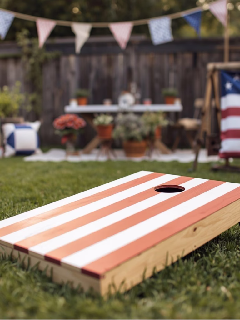 A cornhole board in red and white stripe