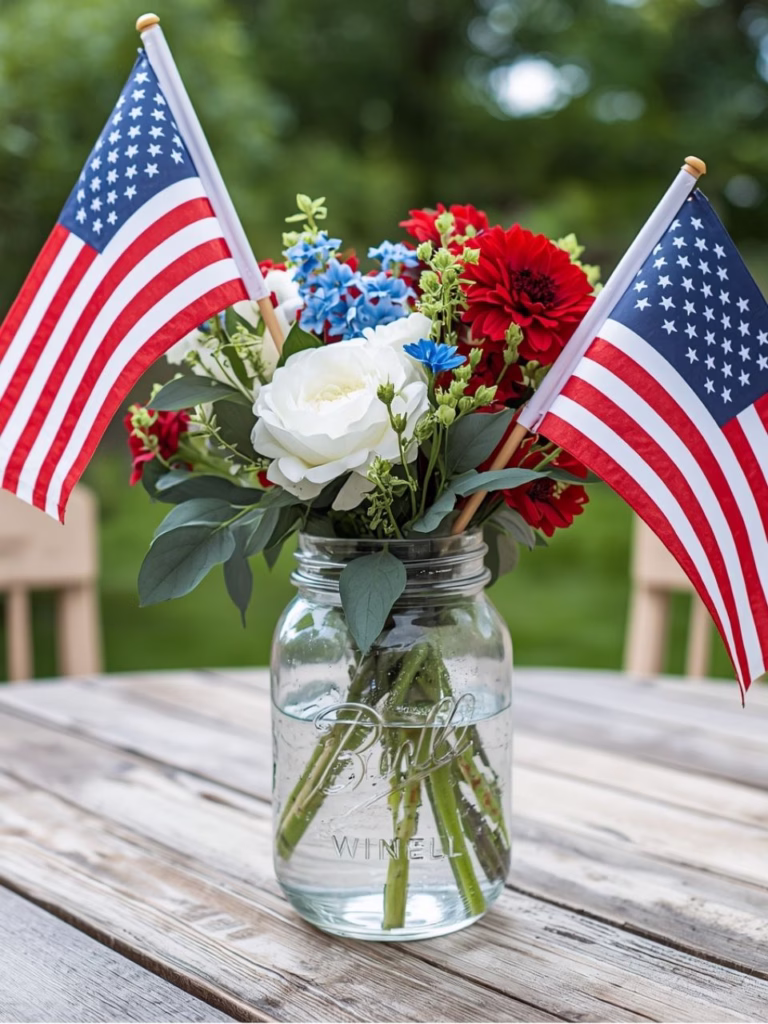 A mason jar with red, white, and blue flowers in it and two flags.