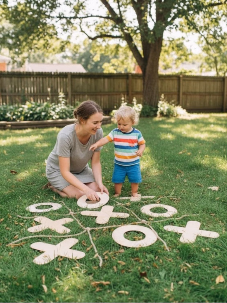 a mother and child playing tic tac toe outdoors