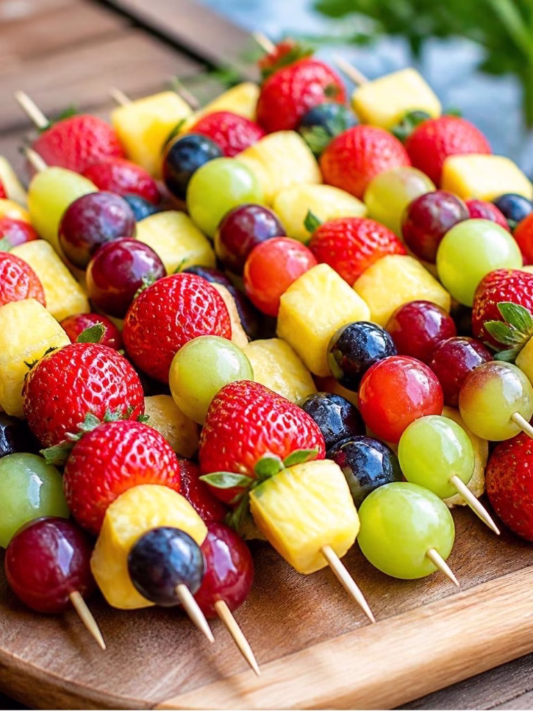 fruit skewers on a wood platter