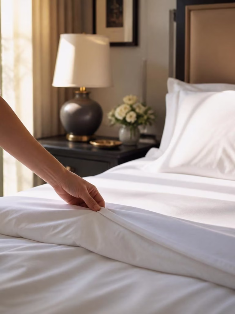 a hand folding down a bed sheet