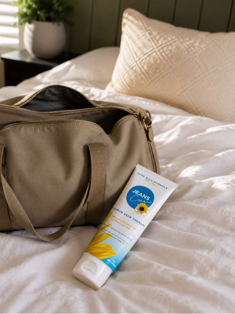 a bottle of cream next to a duffle bag on a bed