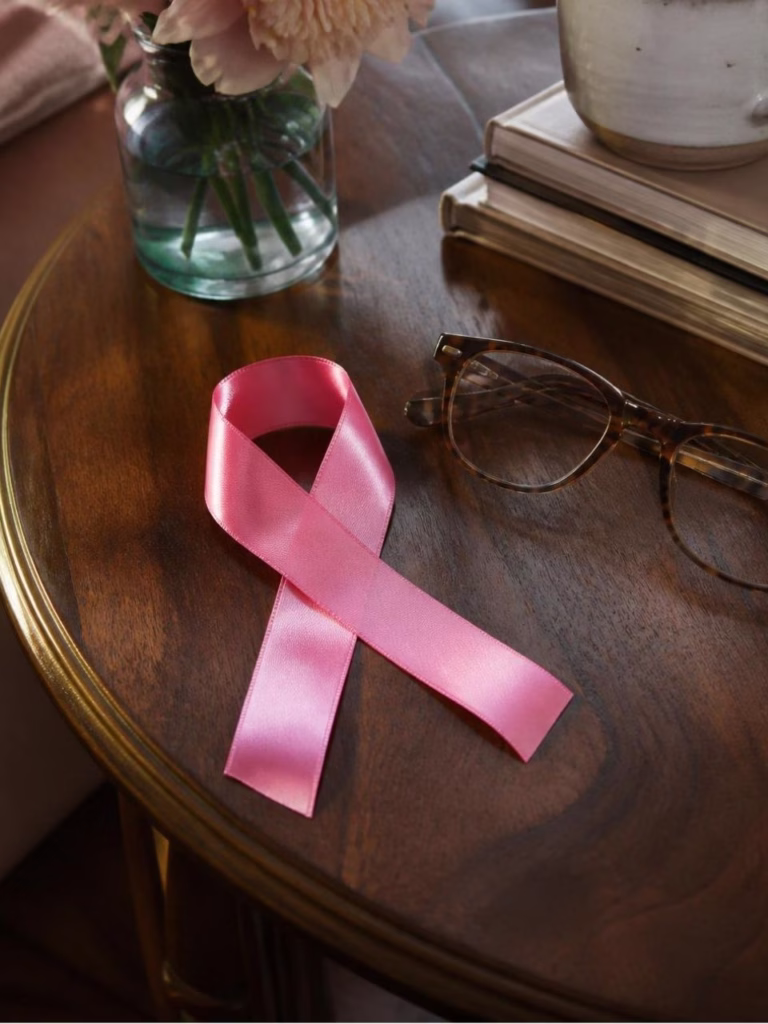 breast cancer ribbon on a table
