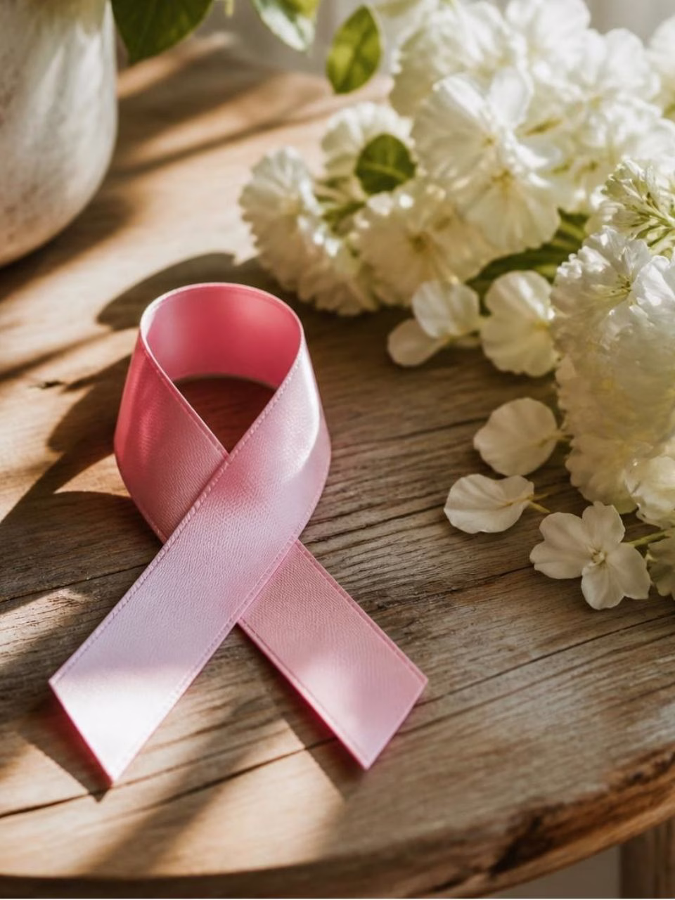 breast cancer ribbon on a table next to flowers
