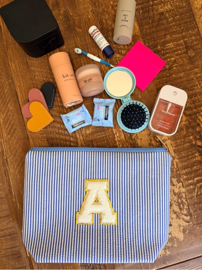 Bag with hygiene products coming out of it.
