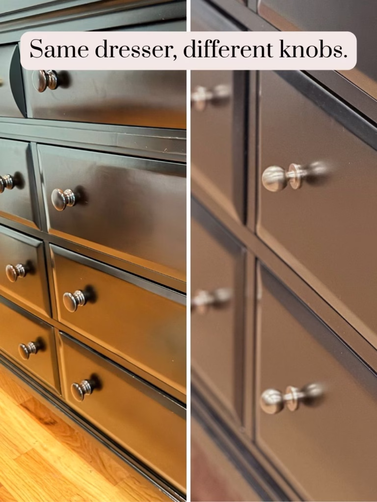 two images of the same dresser with different knobs on it.