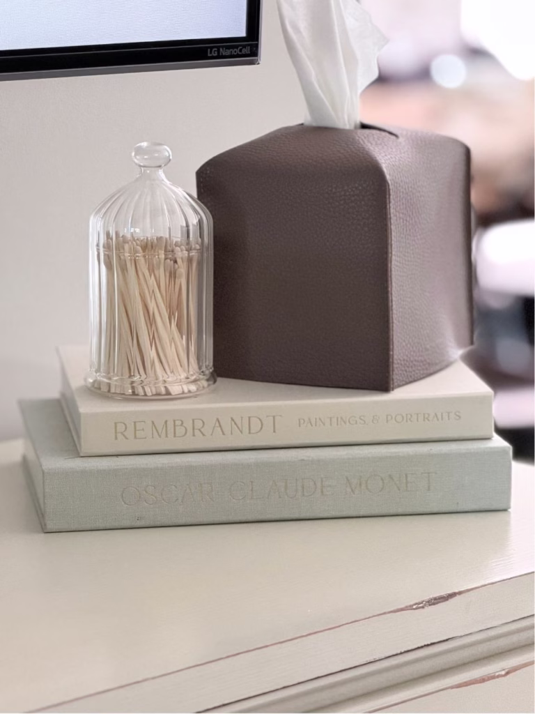 two faux books with a glass container that has matches in it and a leather tissue box holder