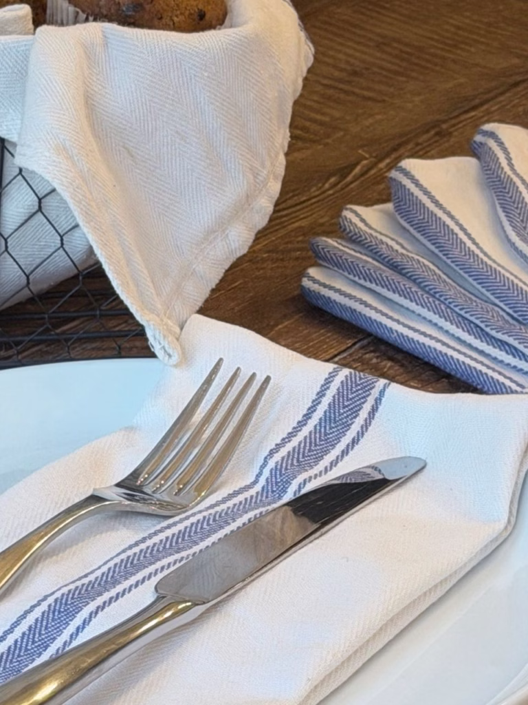cloth napkins with a fork and a knife
